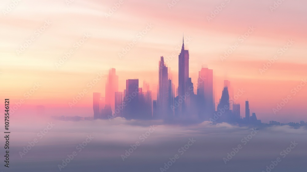 A city skyline emerges from a sea of fog at sunrise, bathed in warm, pink light. A city skyline emerges from a sea of fog at sunrise, bathed in warm, pink light.