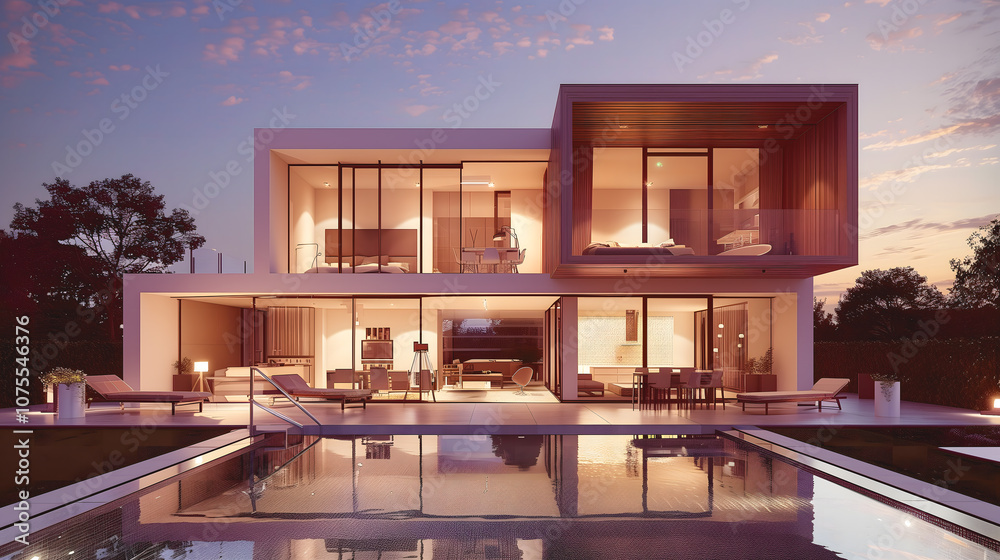 A modern house with large windows and a pool at sunset. A modern house with large windows and a pool at sunset.