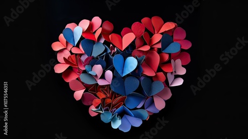 3D red heart made of paper hearts with blue and pink accents