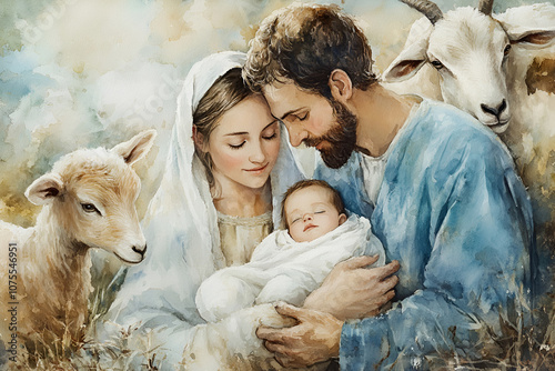Gentle nativity scene with Mary, Joseph, baby Jesus Christ, and animals in a soft watercolor style