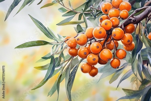 Autumn Harvest: Sea Buckthorn Berries and Leaves Watercolor Illustration on White Background