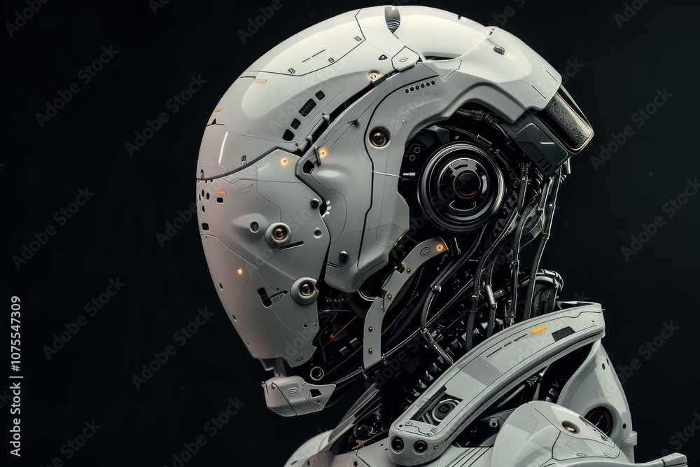 Futuristic robot head turning, showing artificial intelligence Futuristic robot head turning, showing artificial intelligence