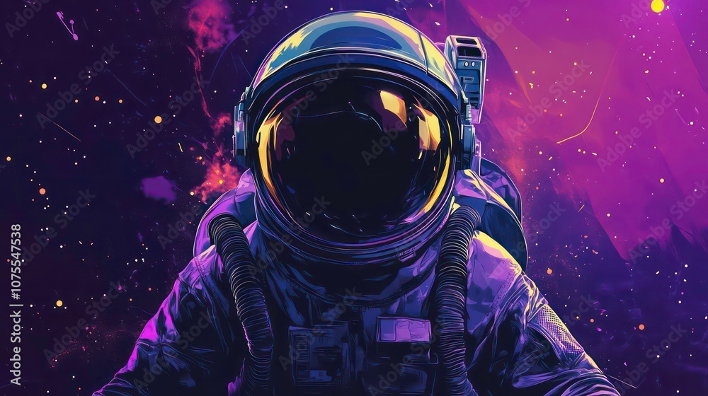 An astronaut in a spacesuit, with a purple and black background of stars and nebulae. An astronaut in a spacesuit, with a purple and black background of stars and nebulae.