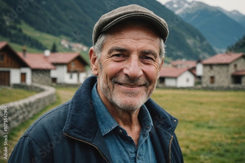 Close portrait of a smiling senior Andorran male farmer standing and looking at the camera, outdoors Andorran rural blurred background