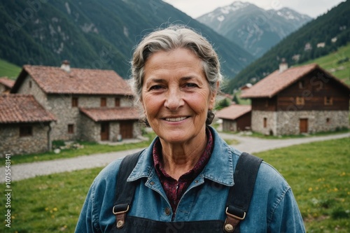 Close portrait of a smiling senior Andorran female farmer standing and looking at the camera, outdoors Andorran rural blurred background