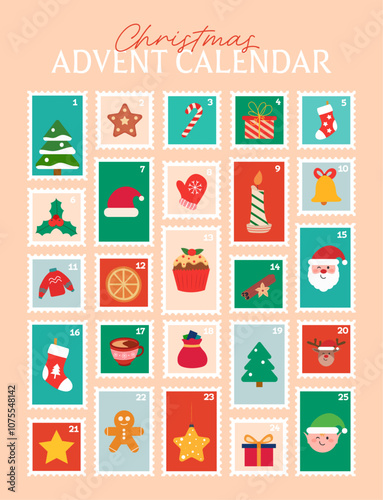 December advent calendar. Christmas countdown. Cute colorful numbered illustration postage stamps with winter elements. Postcard, poster, stamp concept.