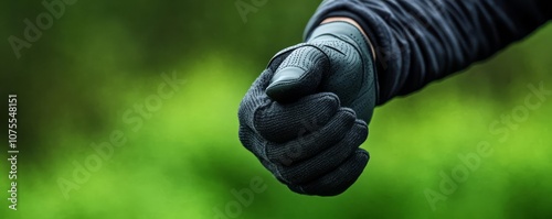 Close-up of a professional golfer s gloved hand gripping a club, intense focus, lush green background, golf grip, precision and skill photo