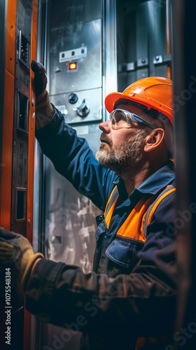A worker inspects machinery in a modern elevator shaft.