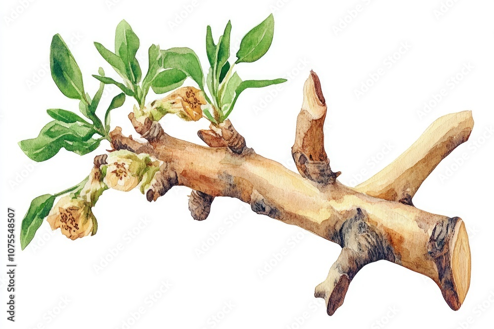 Fototapeta premium Watercolor Botanical Illustration of Cats Claw for Herbal Medicine and Healing, Isolated on White Background