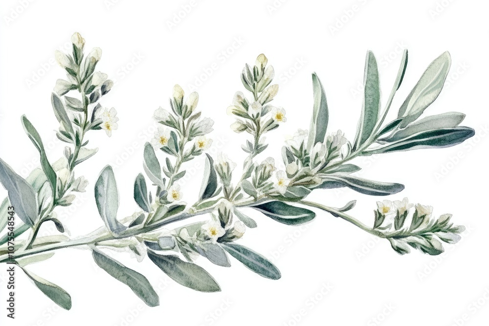 Fototapeta premium Watercolor Illustration of Artemisia Absinthium. Herbal and Natural Medicine Concept with Sprigs and Flowers
