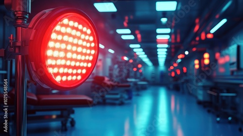 Bright surgical operating room illuminated by powerful LED lamps creates a sterile and focused environment for medical procedures photo