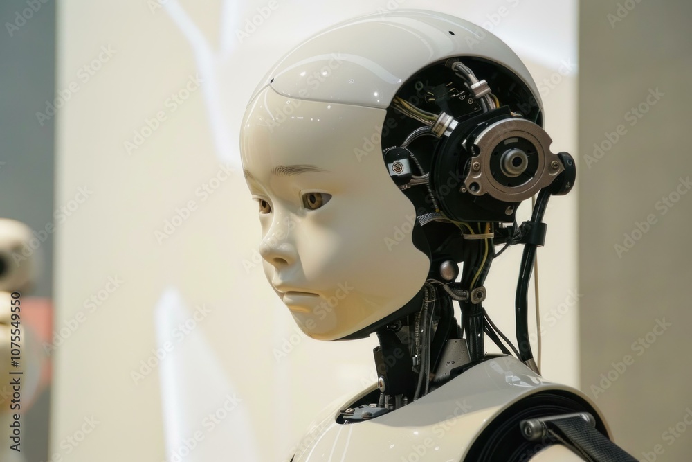 Close up of a humanoid robot with its internal components visible, highlighting the rapid advancements in artificial intelligence Close up of a humanoid robot with its internal components visible, highlighting the rapid advancements in artificial intelligence
