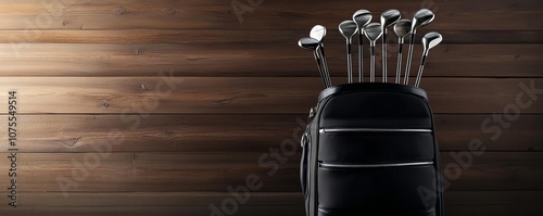 Golfer s bag against a rustic wooden backdrop, clubs shining, vintage feel, golf bag setup, style and tradition photo