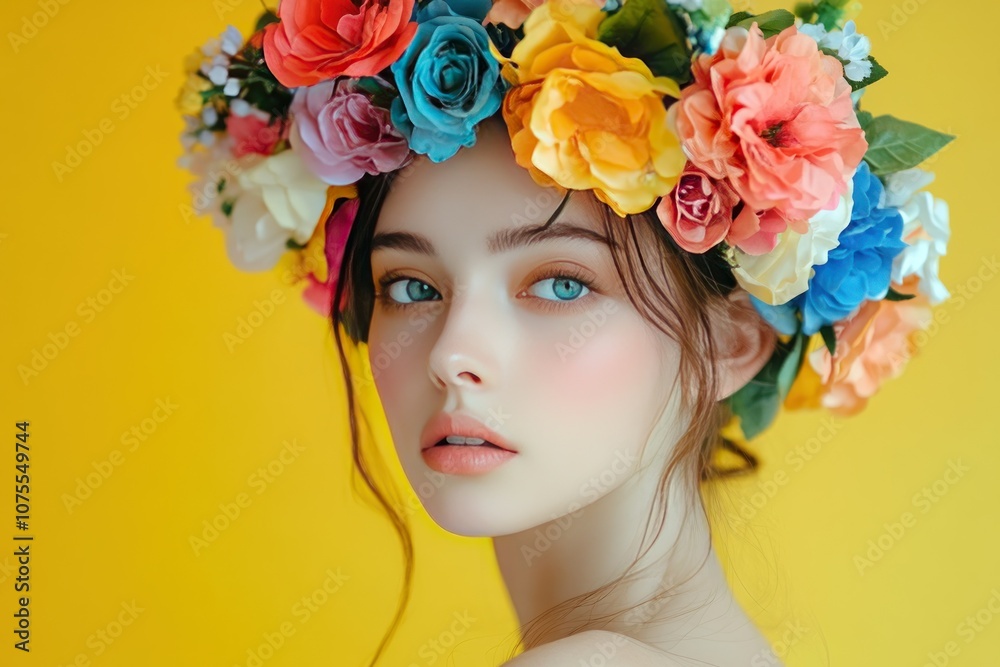 Naklejka premium Beautiful Woman with Floral Crown on Yellow Background