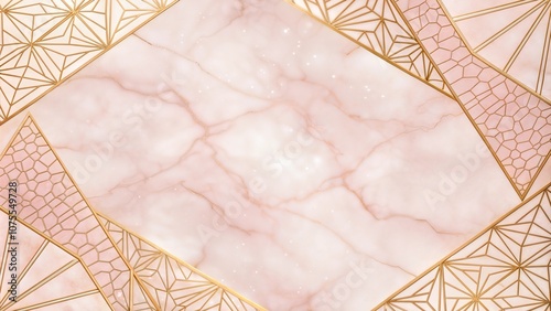 Rose gold marble background with subtle golden geometric patterns