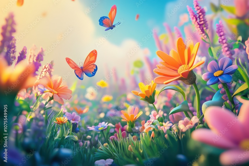 Colorful Blooming Flowers and Butterflies in Nature Colorful Blooming Flowers and Butterflies in Nature