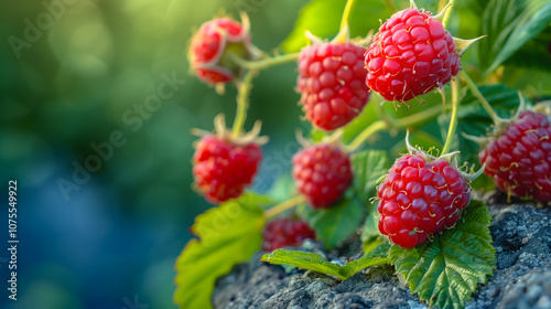Fresh, ripe red berries growing on green foliage.