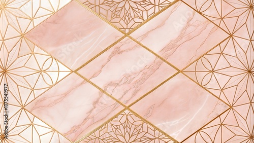 Rose gold marble background with subtle golden geometric patterns