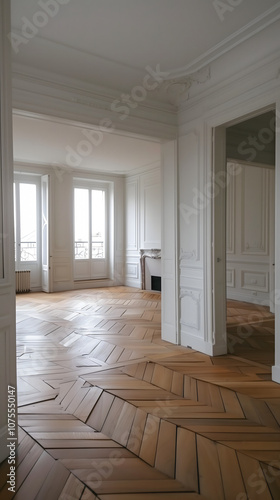 A spacious room in apartment in Paris with herringbone parquet.