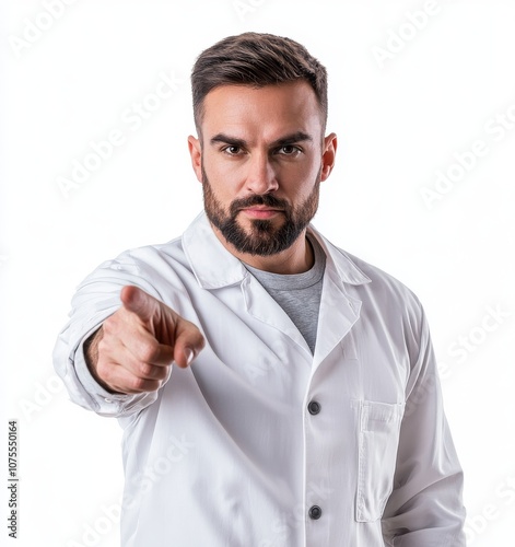 Finger point isolate on white on white lab coat of doctor wearing white lab coat