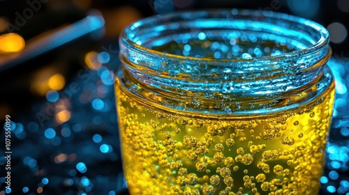 Closeup of a jar filled with golden liquid with bubbles. photo