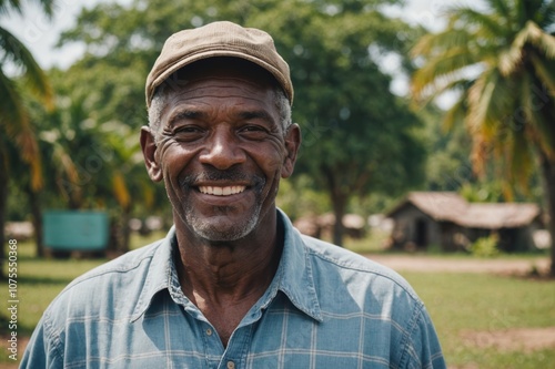 Close portrait of a smiling senior Bahamian male farmer standing and looking at the camera, outdoors Bahamian rural blurred background