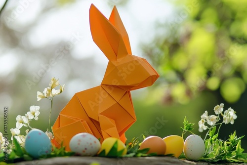 Orange Origami Rabbit with Colorful Easter Eggs photo