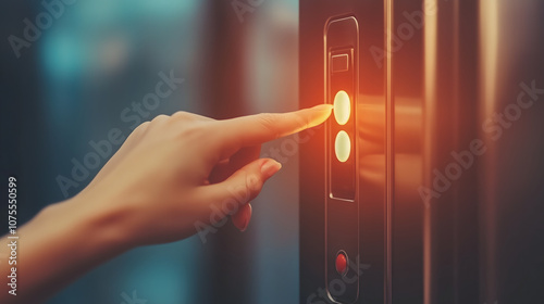 A hand pressing an elevator button in a modern setting.