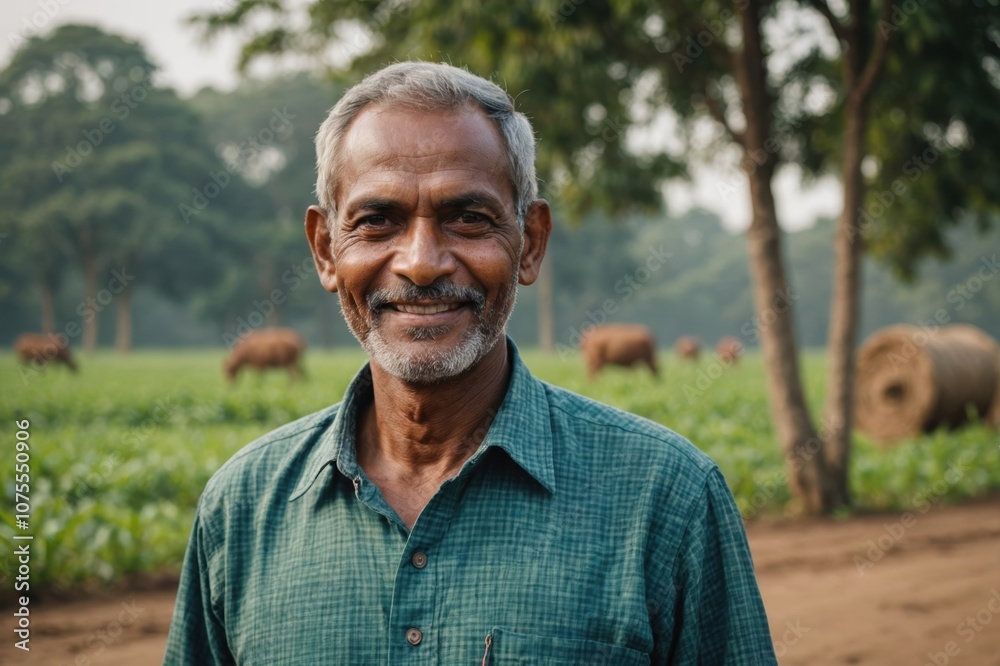 Close portrait of a smiling senior Bangladeshi male farmer standing and looking at the camera, outdoors Bangladeshi rural blurred background Close portrait of a smiling senior Bangladeshi male farmer standing and looking at the camera, outdoors Bangladeshi rural blurred background