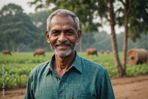 Close portrait of a smiling senior Bangladeshi male farmer standing and looking at the camera, outdoors Bangladeshi rural blurred background