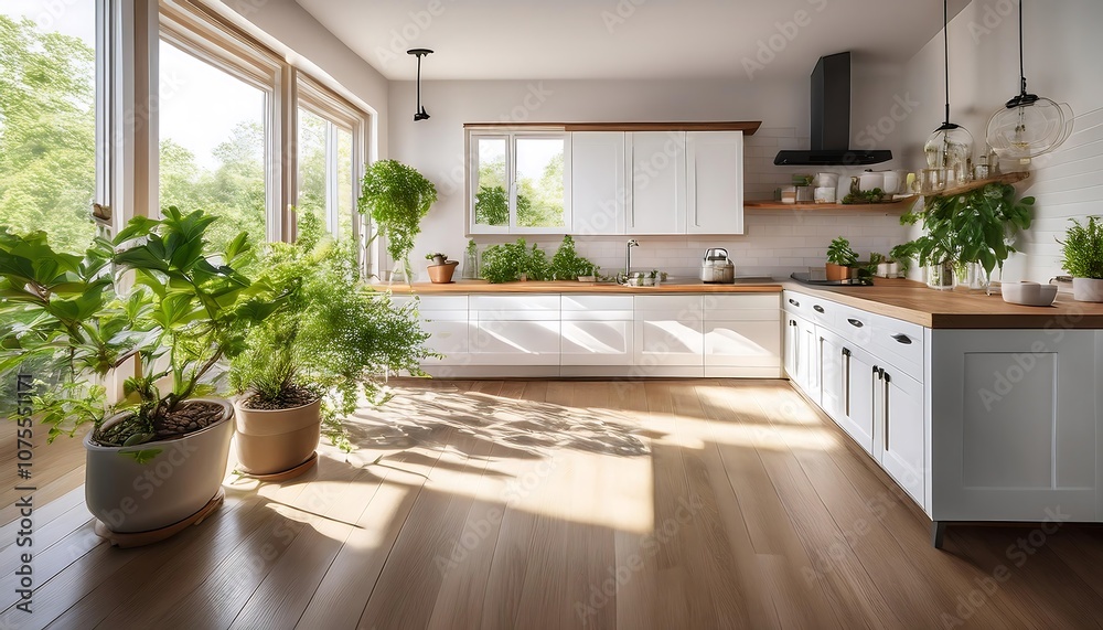 Fototapeta premium Cozy kitchen scene featuring wooden counter, white cabinets, and lush greenery showcased in_1(1066)