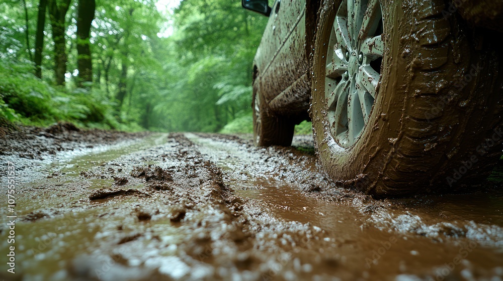 Closeup of a muddy tire on a dirt road in the forest. Closeup of a muddy tire on a dirt road in the forest.