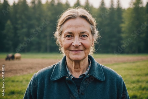 Close portrait of a smiling senior Belarusian female farmer standing and looking at the camera, outdoors Belarusian rural blurred background