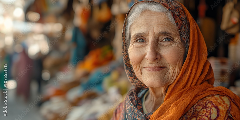 Fototapeta premium An Elderly Woman in a Vibrant Market, Wearing a Colorful Scarf, Surrounded by Colorful Textiles and Goods During a Sunny Day in a Bustling Town