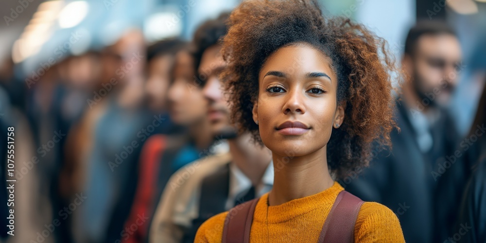 A Young Woman Confidently Poses in a Crowded Urban Area While Waiting in Line During a Busy Day, Showcasing Vibrant Style and Determination A Young Woman Confidently Poses in a Crowded Urban Area While Waiting in Line During a Busy Day, Showcasing Vibrant Style and Determination