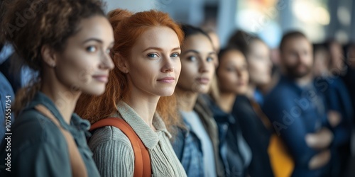 A Diverse Group of People Waiting in an Indoor Space With Natural Light Filtering Through Large Windows, Highlighting a Red-Haired Woman Among the Crowd
