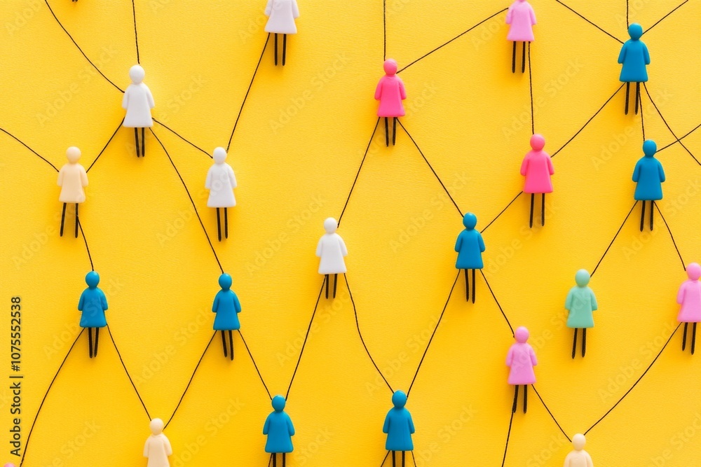© Natalia - Colorful figurines connected by strings on a bright yellow background illustrating social connectivity © Natalia - Colorful figurines connected by strings on a bright yellow background illustrating social connectivity