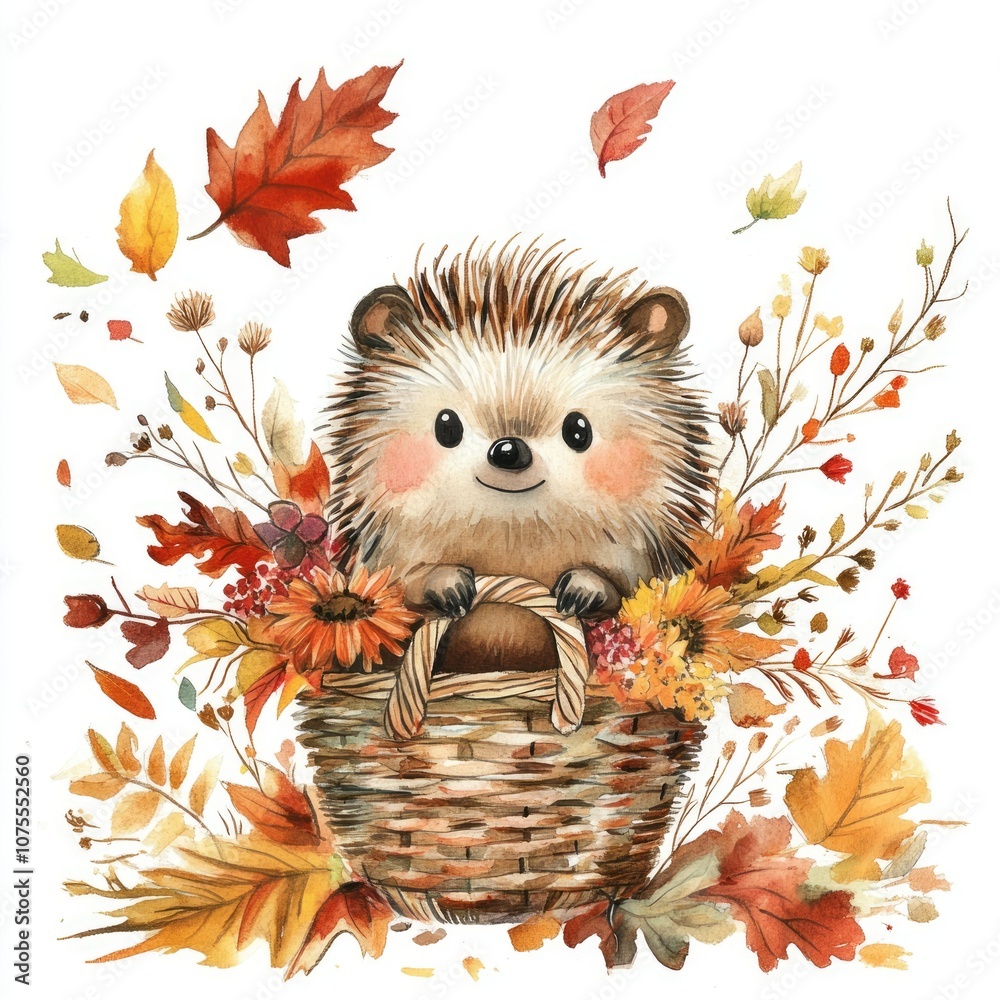 Hand Drawn Watercolor Autumn Illustration - Cute Hedgehog with Umbrella and Floral Composition Hand Drawn Watercolor Autumn Illustration - Cute Hedgehog with Umbrella and Floral Composition