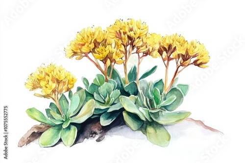 Hand-Drawn Watercolor Illustration of Rhodiola Rosea or Golden Root Plant and Flowers on White Background photo