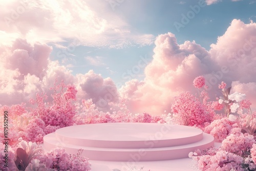 Serene Pink Landscape with Clouds and Flowers
