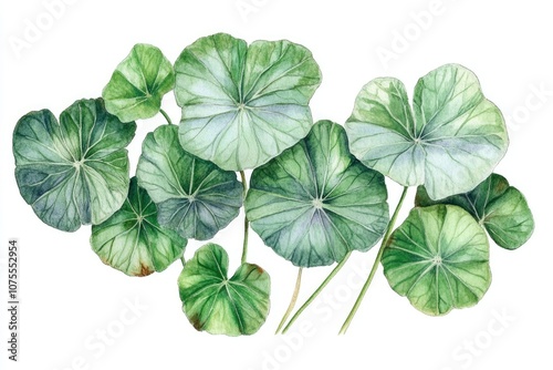 Natural Herbal Medicine Concept with Gotu Kola Leaves and Powder in Watercolor Illustration