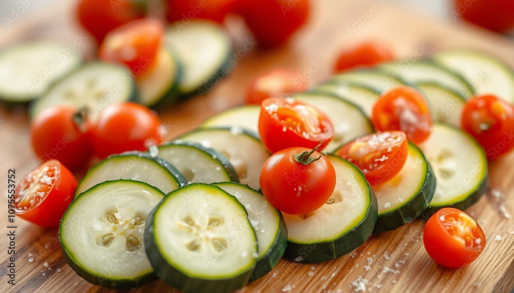 Bokeh style Sliced Zucchini and Cherry Tomatoes on Wooden Kitchen Board, salt sprinkles all over Bokeh style Sliced Zucchini and Cherry Tomatoes on Wooden Kitchen Board, salt sprinkles all over