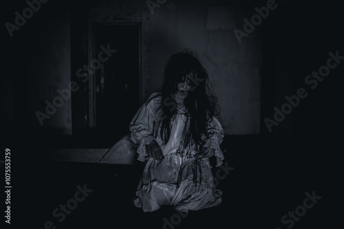 The Vengeful Spirit of a Young Girl Haunts an Abandoned House, A Chilling Scene of Horror and Supernatural Terror in an Eerie Thriller,Halloween festival concept photo