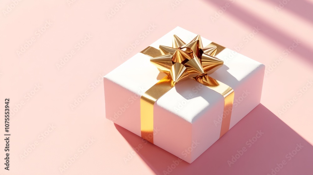 white gift box with golden bow against pink background white gift box with golden bow against pink background
