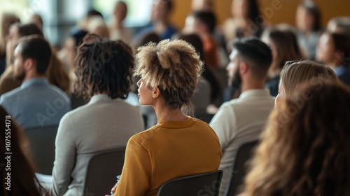 Diverse Audience Attending Conference or Workshop, Focus on Woman with Curly Hair, Ideal for Education, Corporate Training, and Professional Development