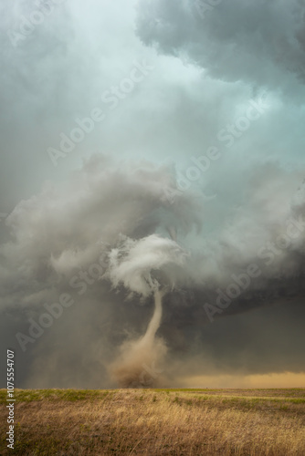 A thin, beautiful tornado spins across a dirt field in southeastern Wyoming during a Summer storm.