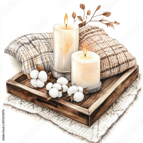 Candle with cotton flower on a wooden tray, cosy knitted pillows and plaid on background. Modern illustration. White background