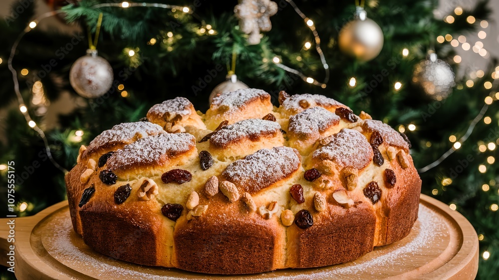 Sweet Christmas bread with raisins and nuts, decorated with powdered sugar Sweet Christmas bread with raisins and nuts, decorated with powdered sugar