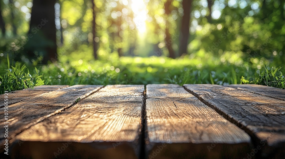 A sunlit forest scene with wooden planks in the foreground and lush greenery in the background. A sunlit forest scene with wooden planks in the foreground and lush greenery in the background.