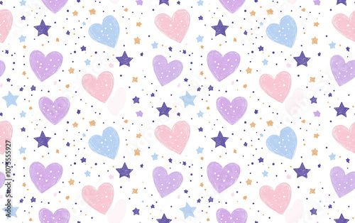 A whimsical pattern featuring pastel hearts and stars on a white background, creating a playful and soft aesthetic. Seamless pattern